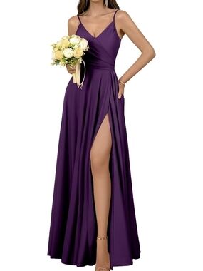 Elegant Purple Spaghetti Strap Slit Evening Dress